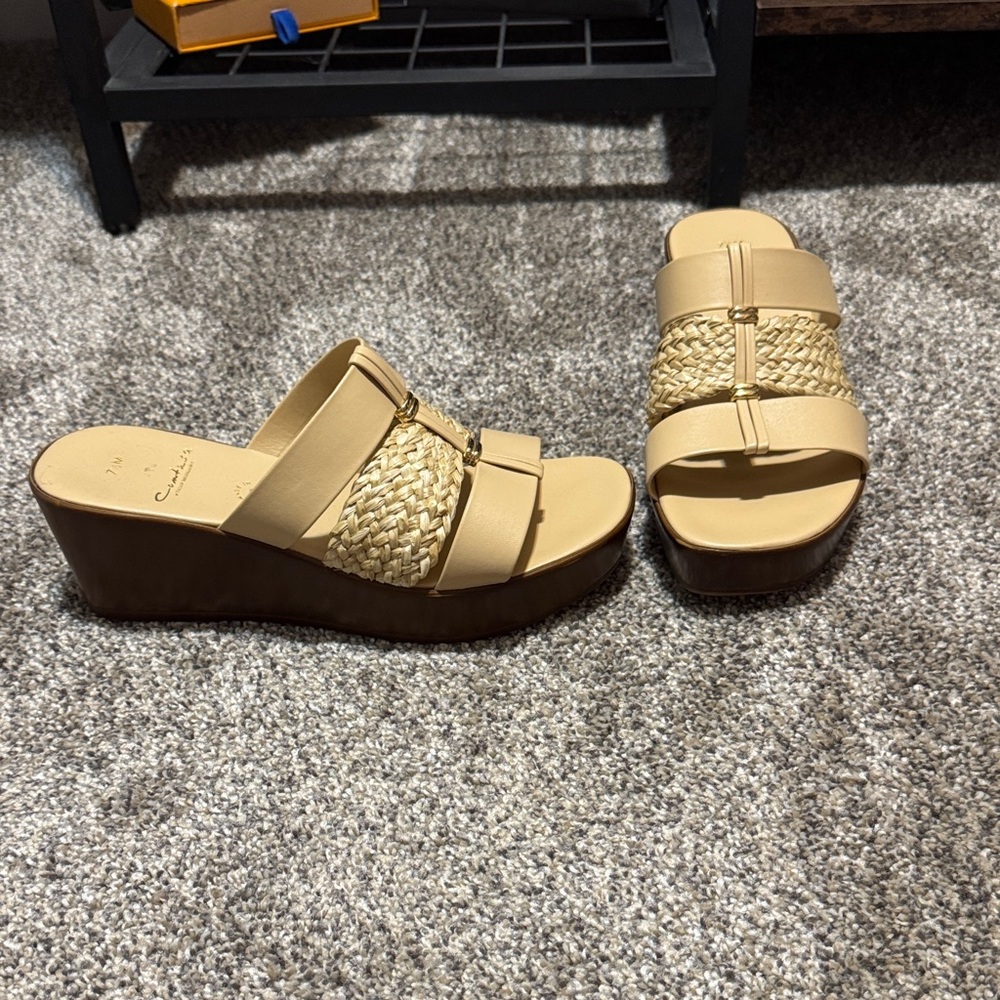 Braided Tan Wedge Slide Sandals with Gold Accent